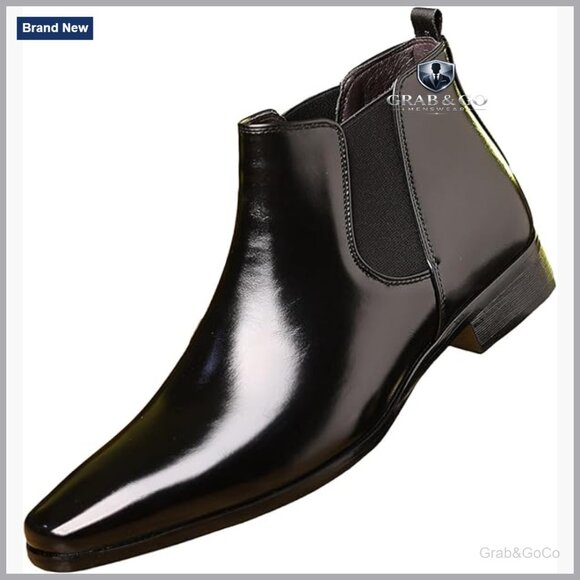 Men's Square Toe Leather Chelsea Boots Slip On Elastic Ankle Dress Boots